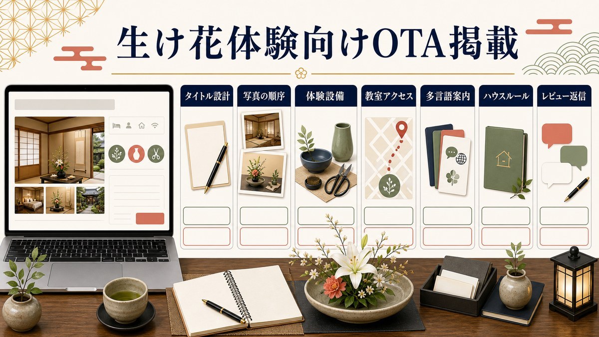生け花体験向けOTA掲載をタイトル設計、写真の順序、体験設備、教室アクセス、多言語案内、ハウスルール、レビュー返信で整理した図解
