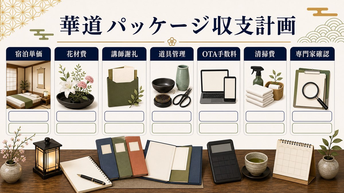 華道パッケージ収支計画を宿泊単価、花材費、講師謝礼、道具管理、OTA手数料、清掃費、専門家確認で整理した図解