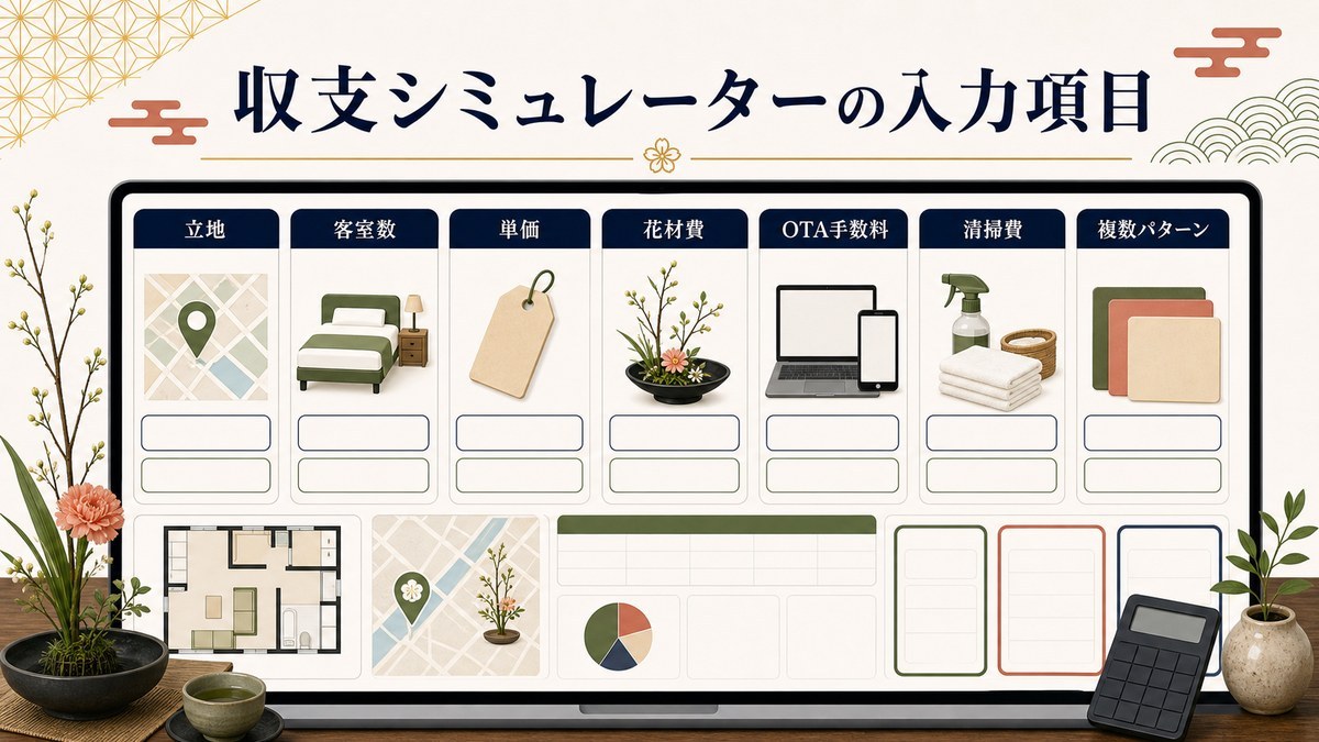 生け花体験付き民泊の収支シミュレーター入力項目を立地、客室数、単価、花材費、OTA手数料、清掃費、複数パターンで整理した図解