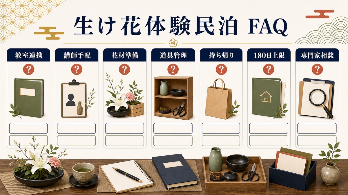 生け花体験民泊のFAQを教室連携、講師手配、花材準備、道具管理、持ち帰り、180日上限、専門家相談で整理した図解