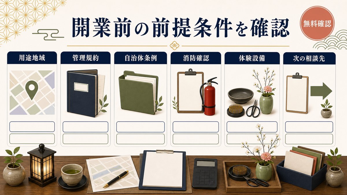 生け花体験付き民泊の開業前に無料確認する用途地域、管理規約、自治体条例、消防確認、体験設備、次の相談先を整理した図解