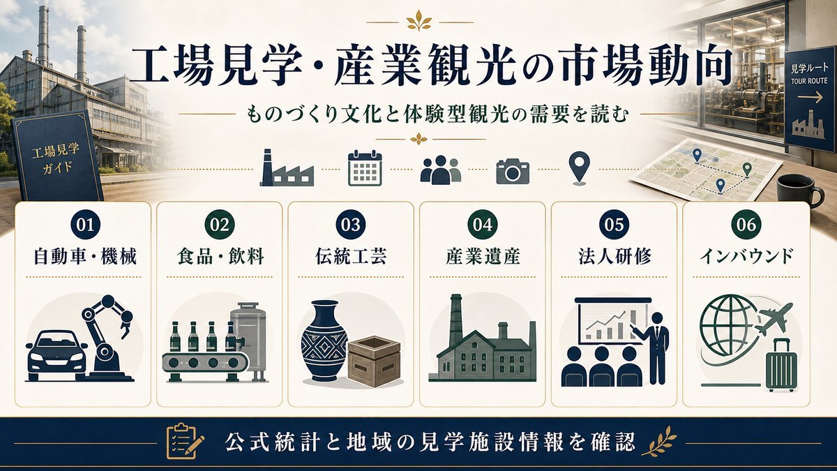 工場見学・産業観光の市場動向を自動車・機械、食品・飲料、伝統工芸、産業遺産、法人研修、インバウンドで整理した図解