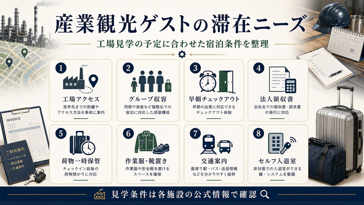 産業観光ゲストの滞在ニーズを工場アクセス、グループ収容、早朝チェックアウト、法人領収書、荷物一時保管、作業服・靴置き、交通案内、セルフ入退室で整理した図解