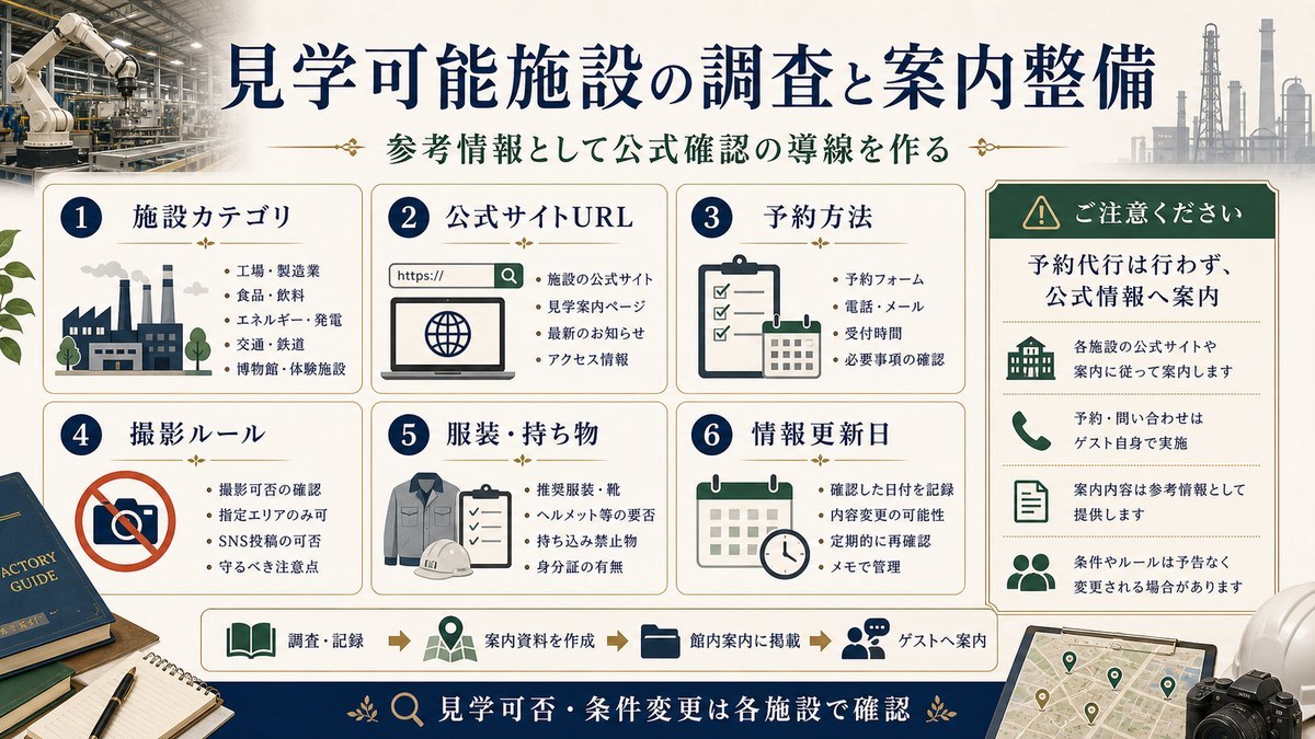 見学可能工場・産業施設の調査を施設カテゴリ、公式サイトURL、予約方法、撮影ルール、服装・持ち物、情報更新日で整理した図解