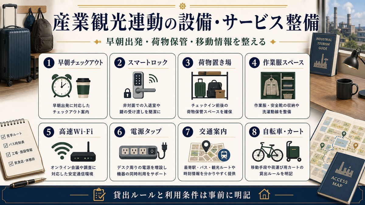 産業観光連動の設備・サービスを早朝チェックアウト、スマートロック、荷物置き場、作業服スペース、高速Wi-Fi、電源タップ、交通案内、自転車・カートで整理した図解