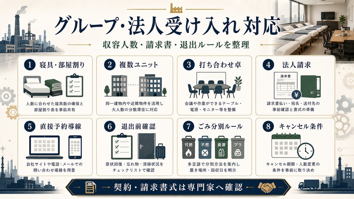 グループ・法人受け入れ対応を寝具・部屋割り、複数ユニット、打ち合わせ卓、法人請求、直接予約導線、退出前確認、ごみ分別、キャンセル条件で整理した図解