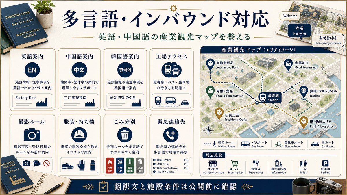 多言語・インバウンド対応を英語案内、中国語案内、韓国語案内、工場アクセス、撮影ルール、服装・持ち物、ごみ分別、緊急連絡先で整理した図解