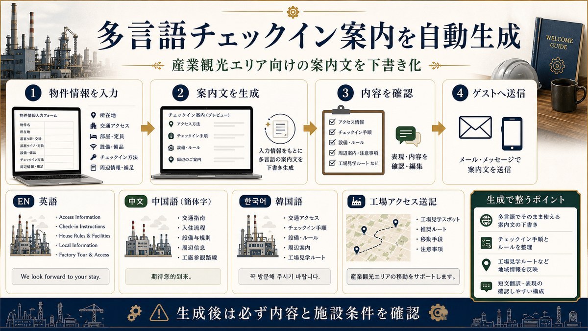 多言語チェックイン案内生成を物件情報入力、案内文生成、内容確認、ゲスト送信、工場アクセス追記で整理した図解
