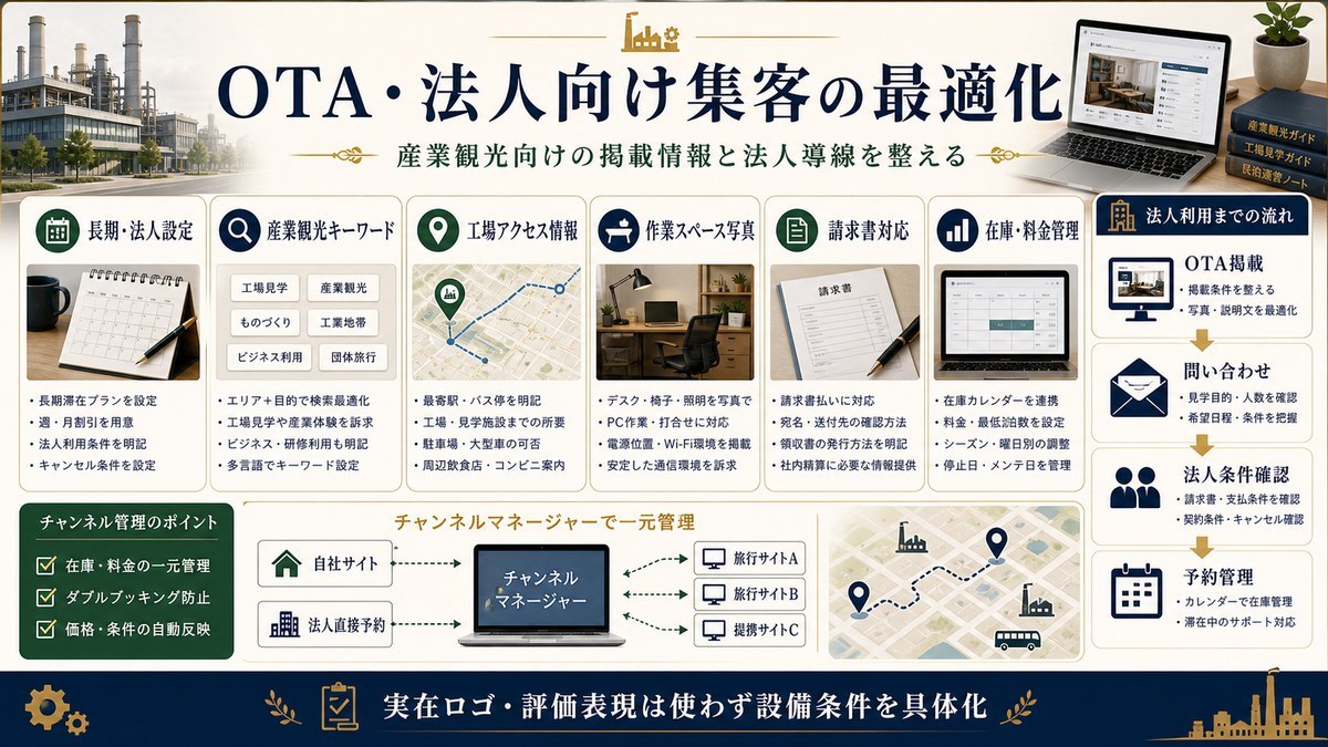 OTA・法人向け集客を長期・法人設定、産業観光キーワード、工場アクセス情報、作業スペース写真、請求書対応、在庫・料金管理で整理した図解