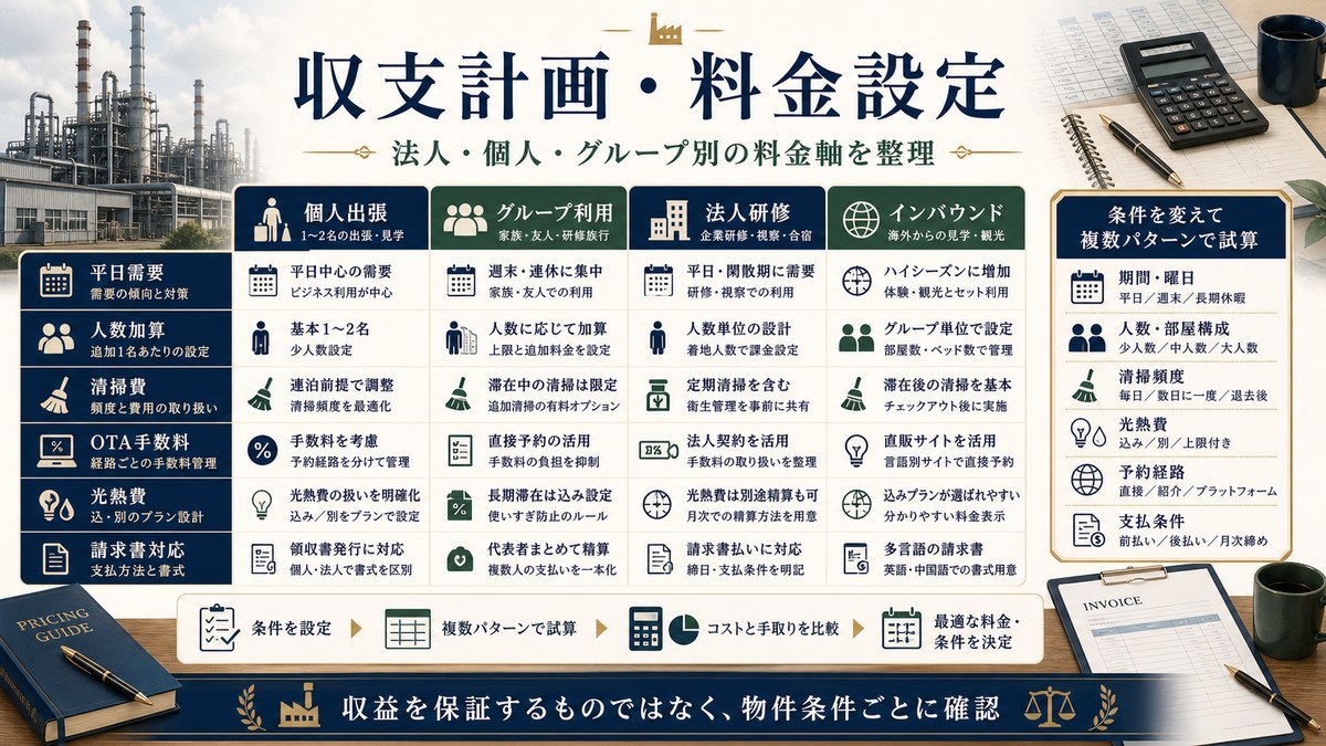 収支計画・料金設定を個人出張、グループ利用、法人研修、インバウンド、平日需要、人数加算、清掃費、OTA手数料、光熱費、請求書対応で整理した図解