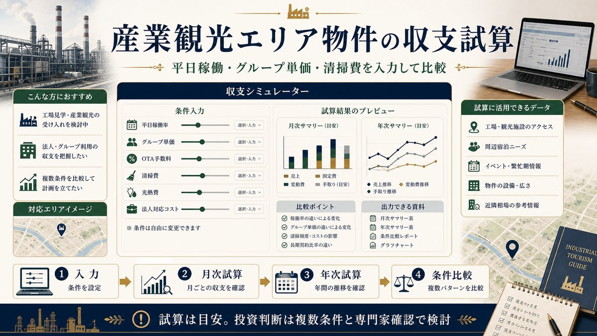 産業観光エリア物件の収支試算を平日稼働率、グループ単価、OTA手数料、清掃費、光熱費、法人対応コストで整理した図解