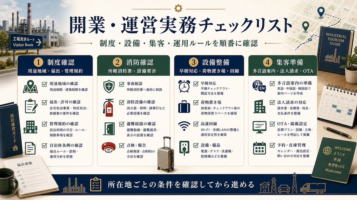 開業・運営実務チェックリストを制度確認、消防確認、設備整備、集客準備で整理した図解