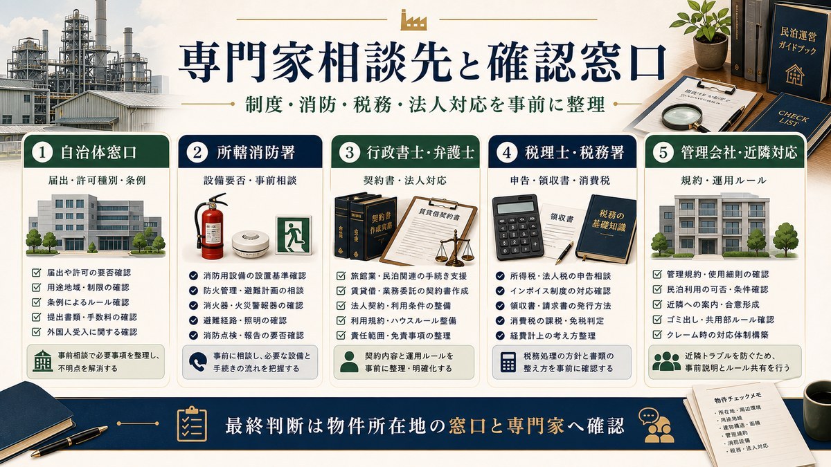 専門家相談先と確認窓口を自治体窓口、所轄消防署、行政書士・弁護士、税理士・税務署、管理会社・近隣対応で整理した図解