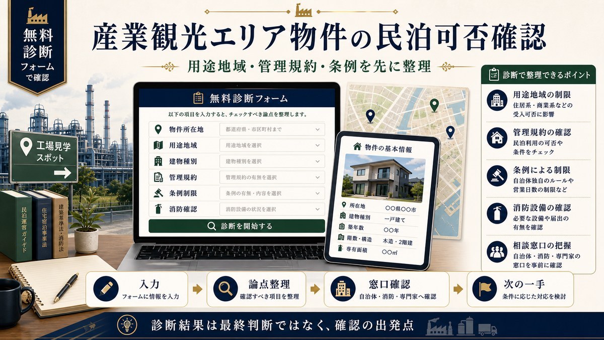 産業観光エリア物件の民泊可否確認を物件所在地、用途地域、建物種別、管理規約、条例制限、消防確認で整理した図解