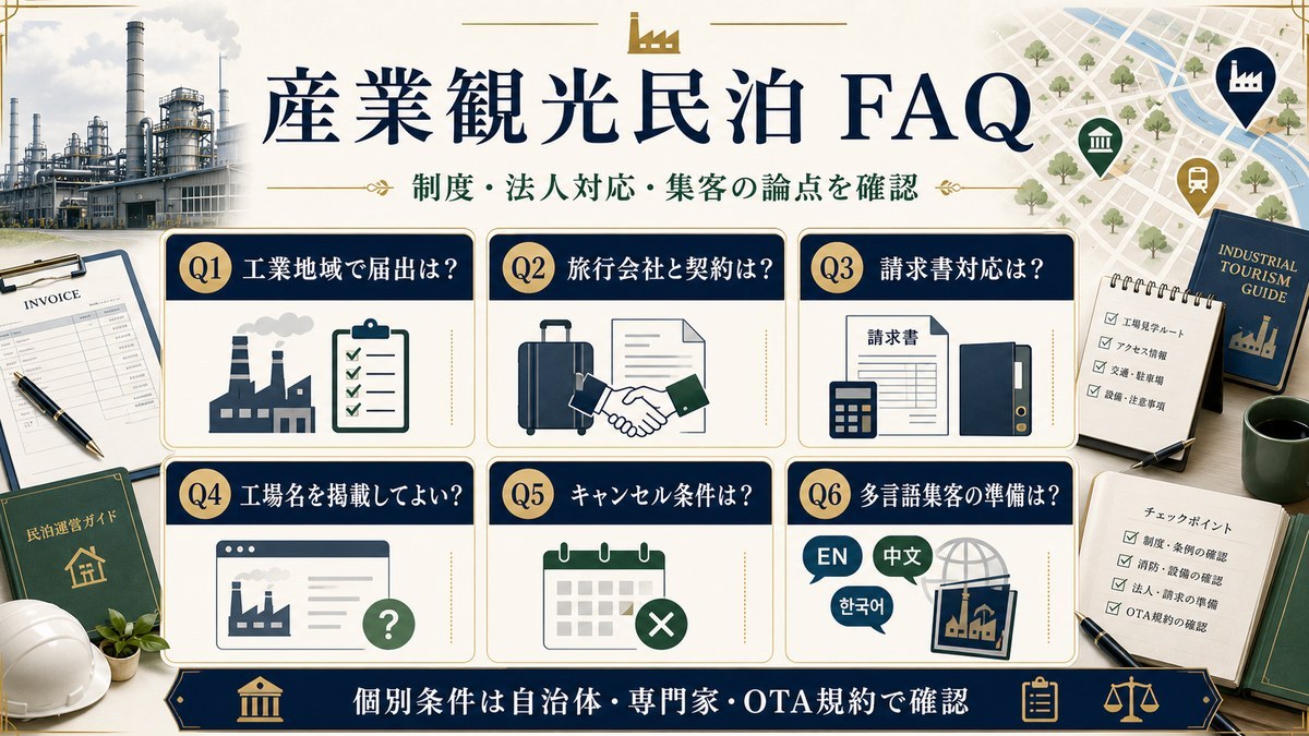 産業観光民泊のFAQを工業地域での届出、旅行会社との契約、請求書対応、工場名掲載、キャンセル条件、多言語集客で整理した図解