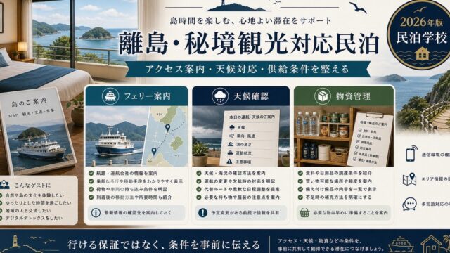 離島・秘境観光対応民泊のフェリー案内、天候確認、物資管理を整理した図