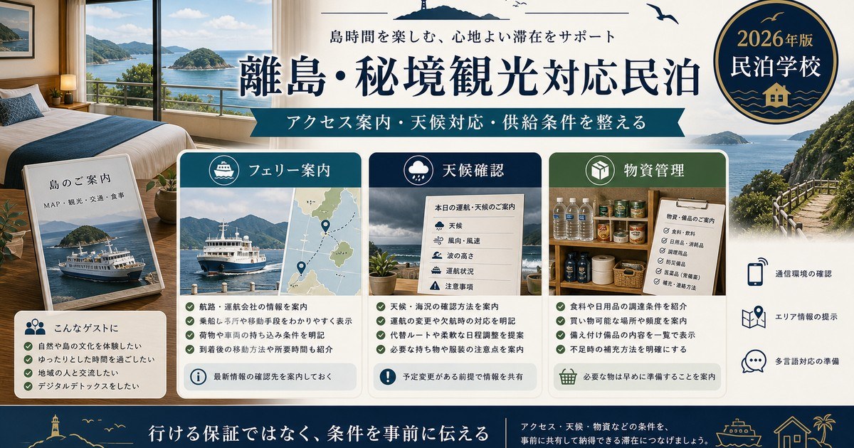 離島・秘境観光対応民泊のフェリー案内、天候確認、物資管理を整理した図