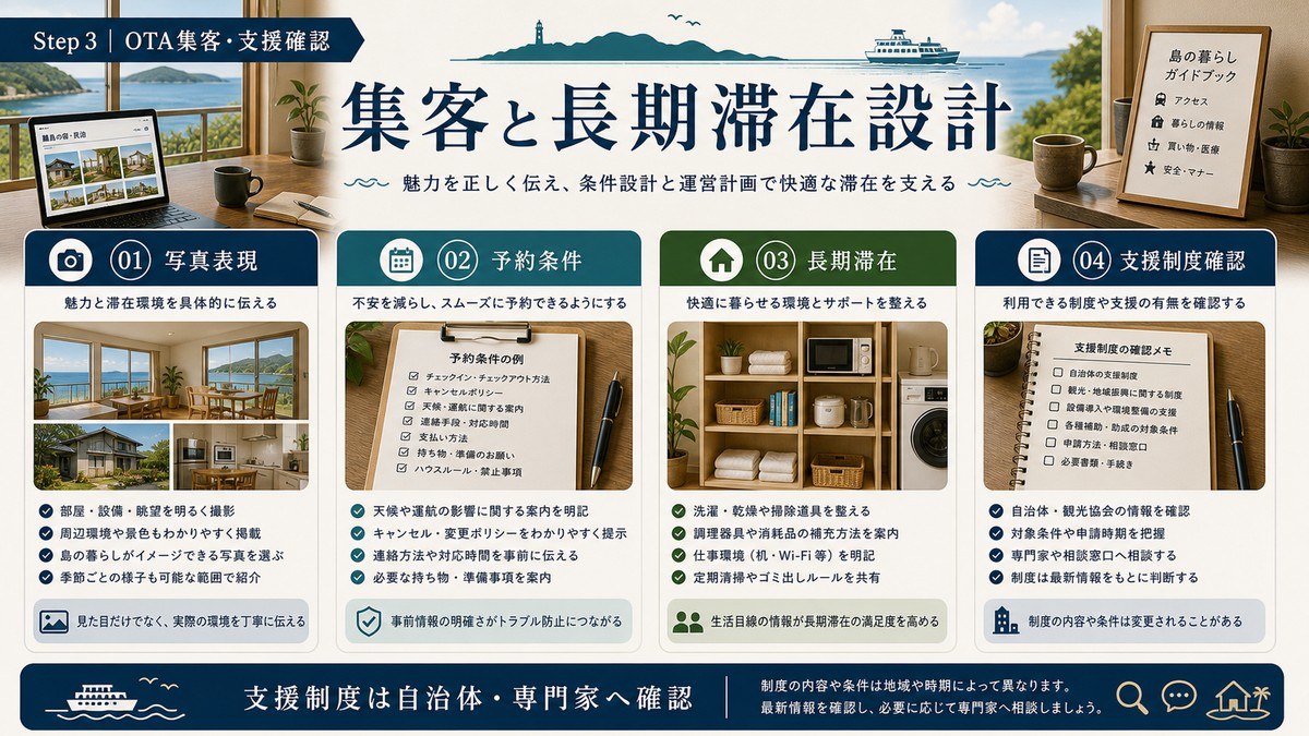離島民泊の集客と長期滞在設計を写真表現、予約条件、長期滞在、支援制度確認で示した図