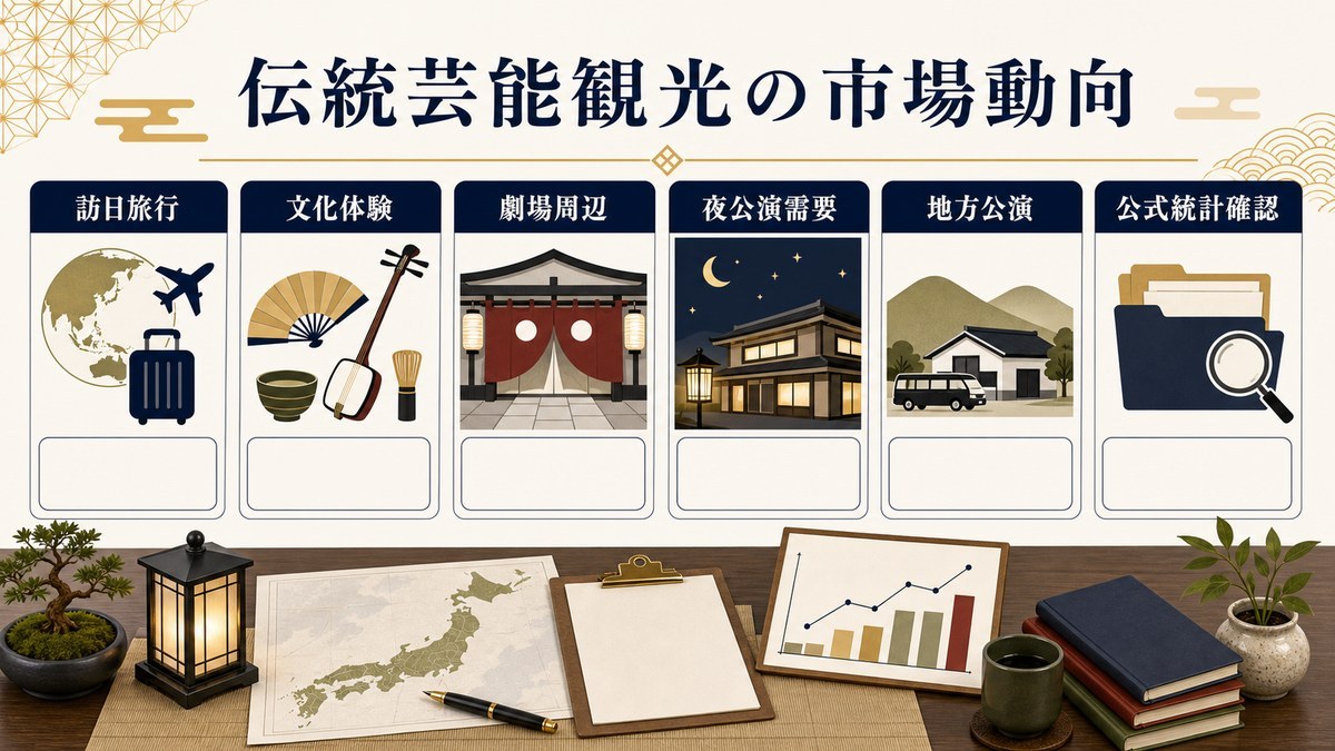 伝統芸能観光の市場動向を訪日旅行、文化体験、劇場周辺、夜公演需要、地方公演、公式統計確認で整理した図解