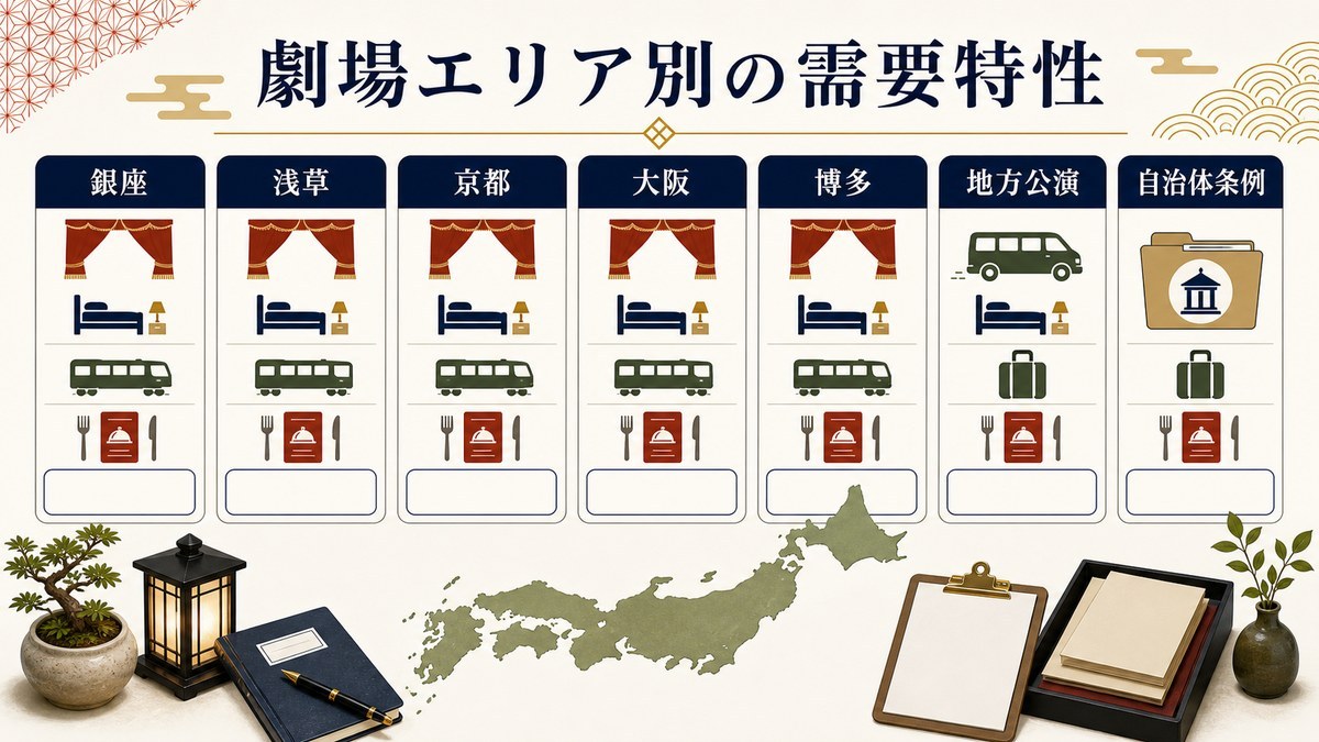 劇場エリア別の需要特性を銀座、浅草、京都、大阪、博多、地方公演、自治体条例で整理した図解