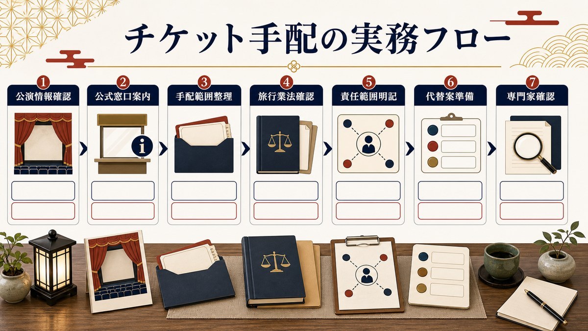 チケット手配の実務フローを公演情報確認、公式窓口案内、手配範囲整理、旅行業法確認、責任範囲明記、代替案準備、専門家確認で整理した図解