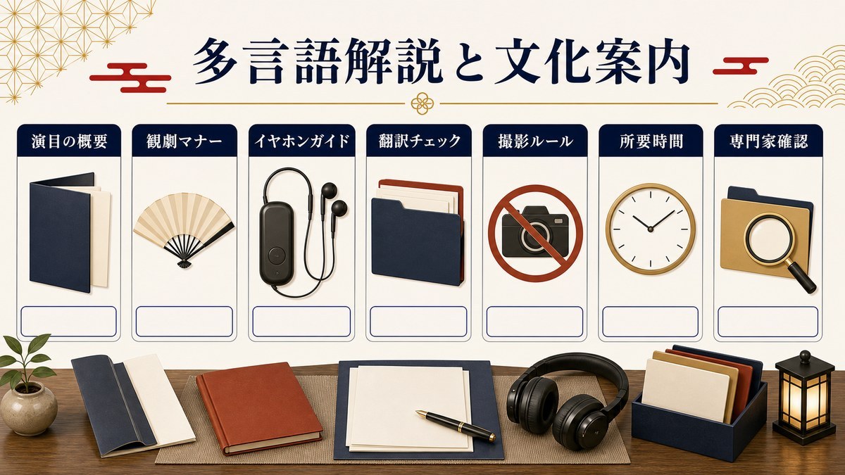 多言語解説と文化案内を演目の概要、観劇マナー、イヤホンガイド、翻訳チェック、撮影ルール、所要時間、専門家確認で整理した図解