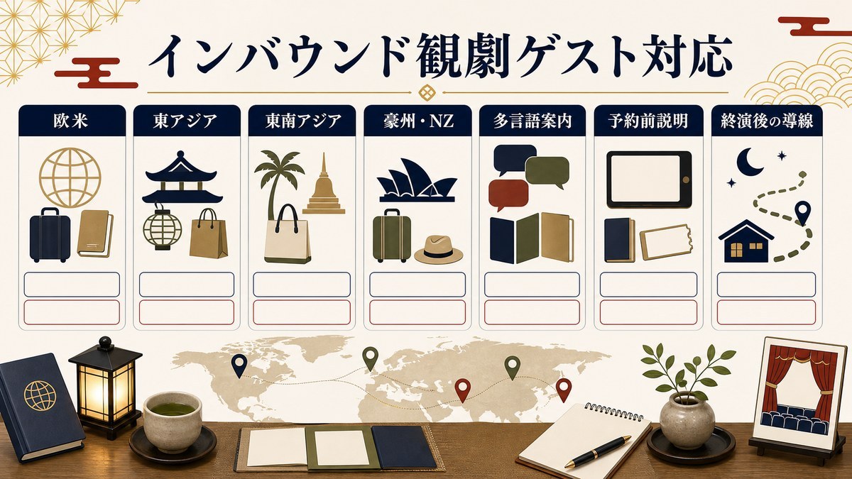 インバウンド観劇ゲスト対応を欧米、東アジア、東南アジア、豪州・ニュージーランド、多言語案内、予約前説明、終演後の導線で整理した図解