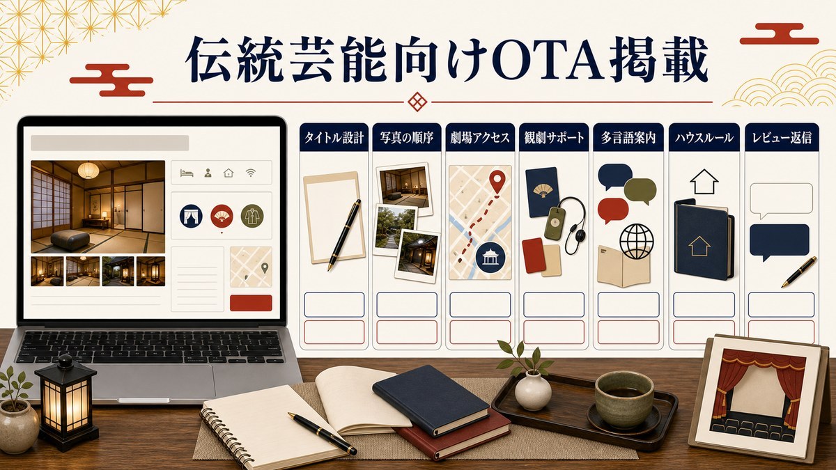 伝統芸能向けOTA掲載をタイトル設計、写真の順序、劇場アクセス、観劇サポート、多言語案内、ハウスルール、レビュー返信で整理した図解