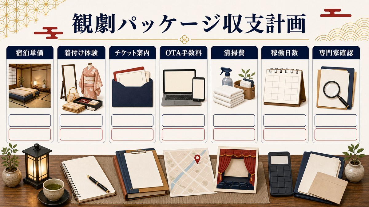 観劇パッケージ収支計画を宿泊単価、着付け体験、チケット案内、OTA手数料、清掃費、稼働日数、専門家確認で整理した図解