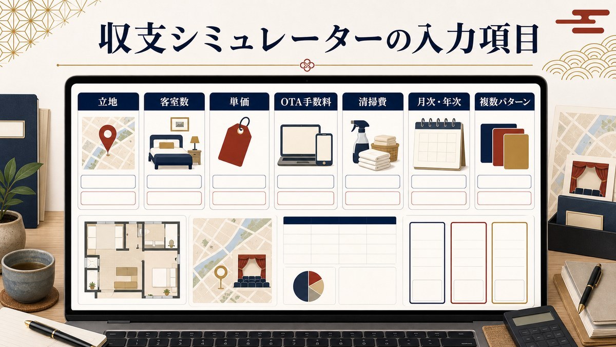 収支シミュレーターの入力項目を立地、客室数、単価、OTA手数料、清掃費、月次年次、複数パターンで整理した図解