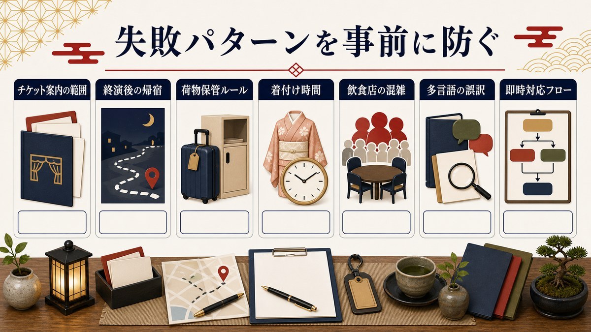 失敗パターンを事前に防ぐための項目をチケット案内の範囲、終演後の帰宿、荷物保管ルール、着付け時間、飲食店の混雑、多言語の誤訳、即時対応フローで整理した図解