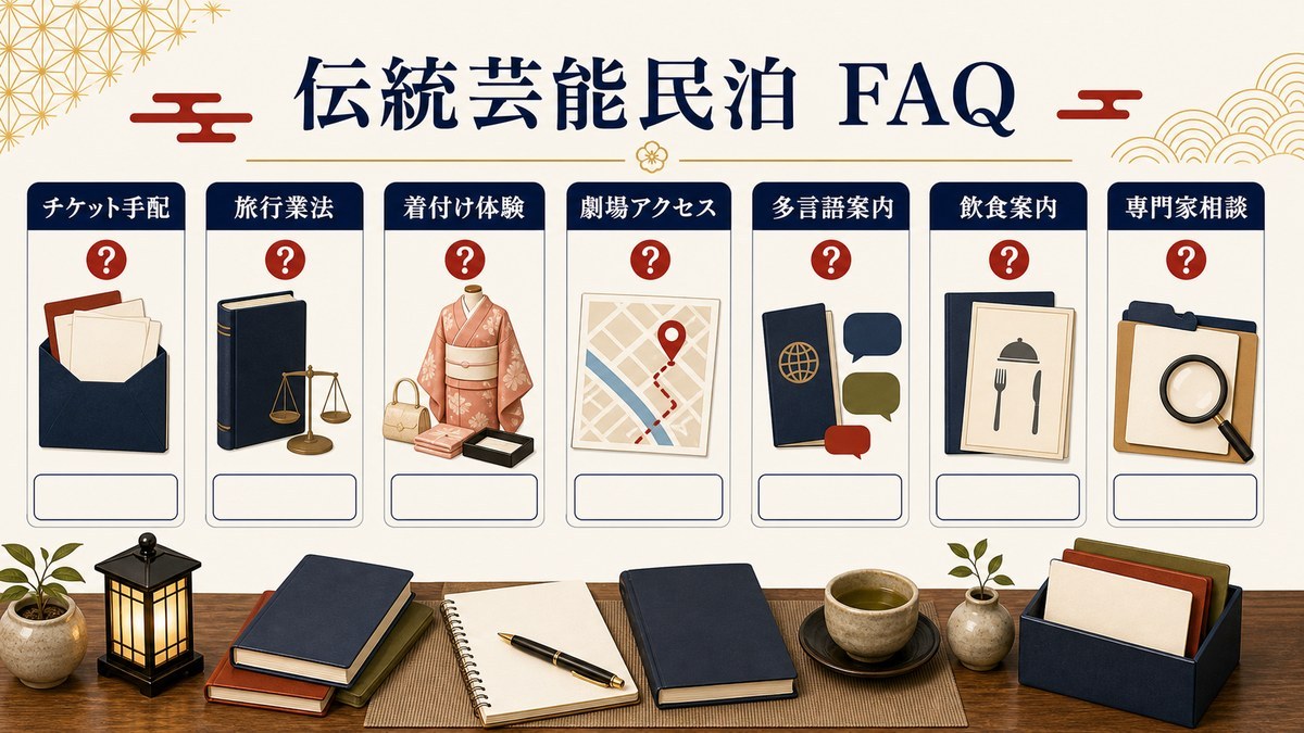 伝統芸能民泊のFAQをチケット手配、旅行業法、着付け体験、劇場アクセス、多言語案内、飲食案内、専門家相談で整理した図解