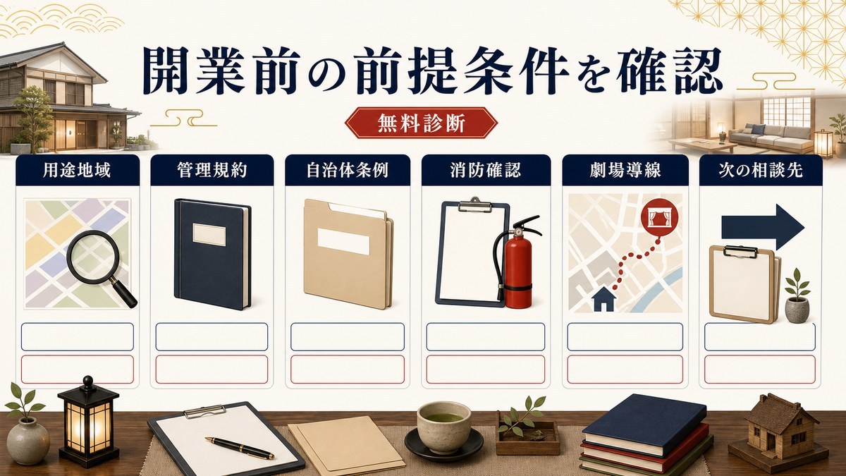 開業前の無料診断で確認する用途地域、管理規約、自治体条例、消防確認、劇場導線、次の相談先を整理した図解