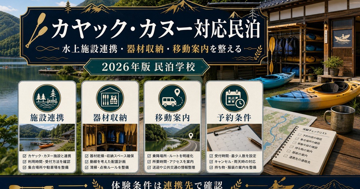 カヤック・カヌー対応民泊の施設連携、器材収納、移動案内、予約条件を整理した図