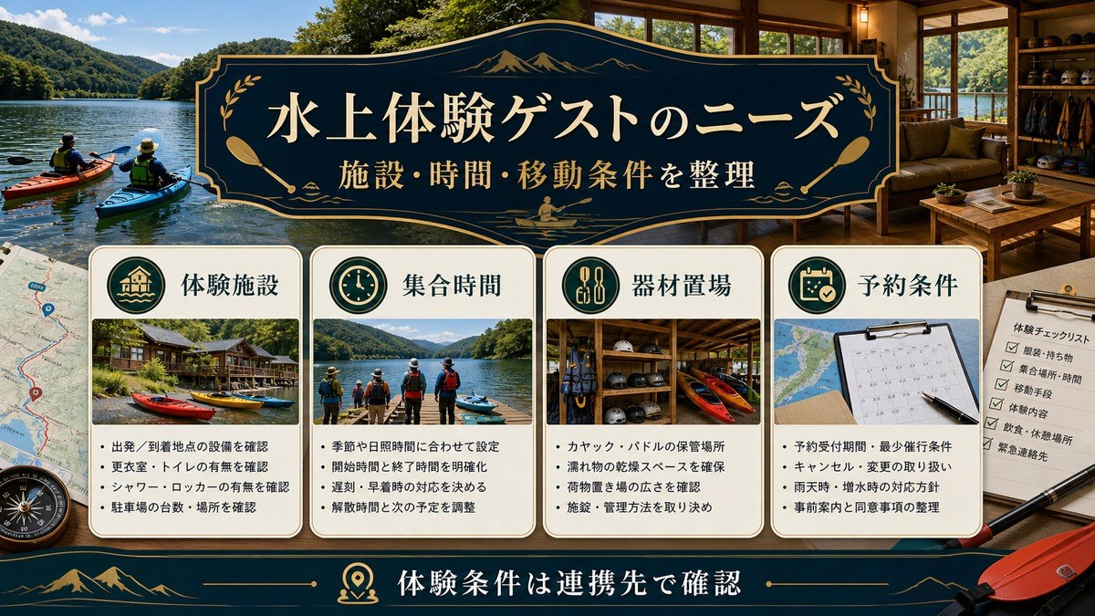水上体験ゲストのニーズを体験施設、集合時間、器材置場、予約条件で整理した図