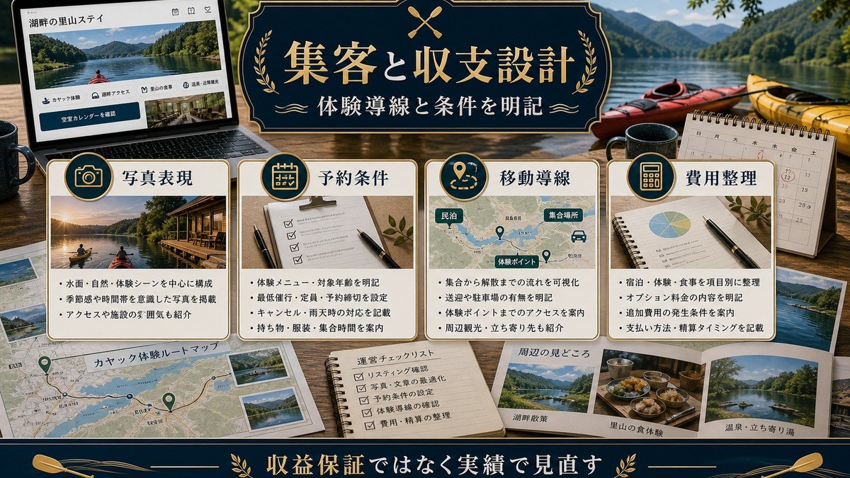 カヤック・カヌー対応民泊の集客と収支設計を写真表現、予約条件、移動導線、費用整理で示した図