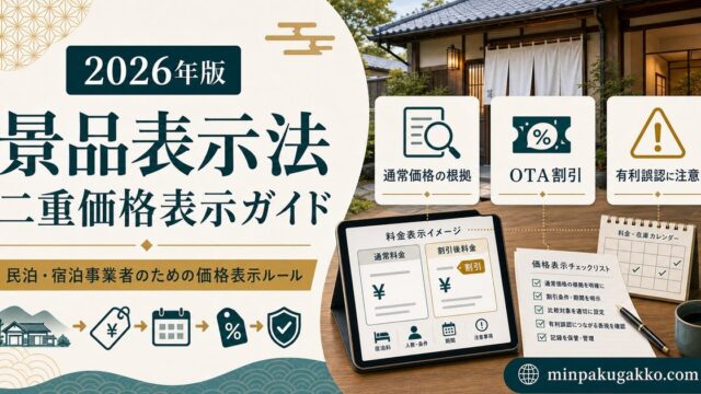 民泊・宿泊施設の景品表示法と二重価格表示を通常価格の根拠・OTA割引・有利誤認の観点で整理したアイキャッチ