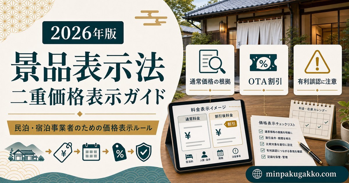 民泊・宿泊施設の景品表示法と二重価格表示を通常価格の根拠・OTA割引・有利誤認の観点で整理したアイキャッチ