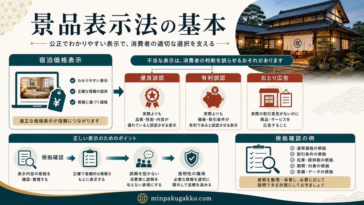 宿泊価格表示における景品表示法の基本と優良誤認・有利誤認・おとり広告の関係