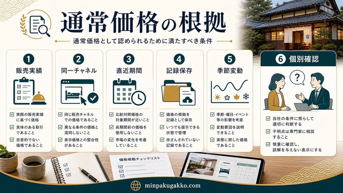 通常価格の根拠として販売実績・同一チャネル・直近期間・記録保存・季節変動を確認する図