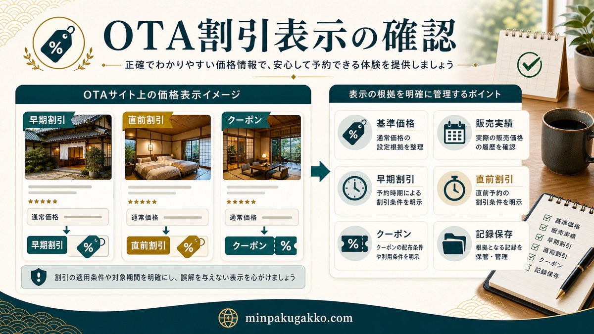 OTA割引表示の早期割引・直前割引・クーポン・基準価格・販売実績・記録保存の確認図