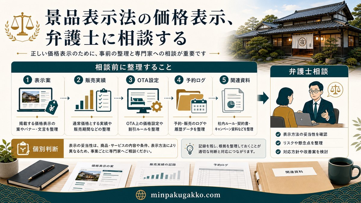 景品表示法の価格表示相談前に表示案・販売実績・OTA設定・予約ログ・関連資料を整理する図