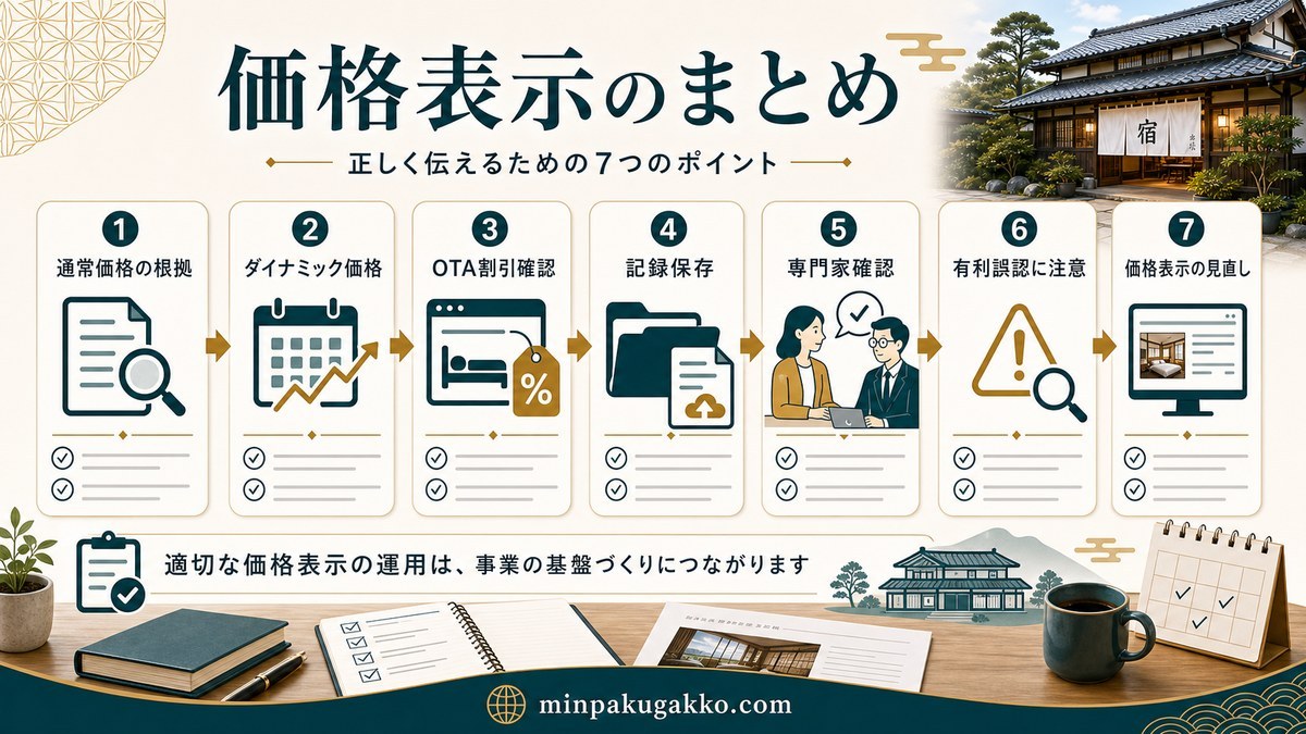 価格表示のまとめとして通常価格の根拠・ダイナミック価格・OTA割引確認・記録保存・専門家確認を整理した図