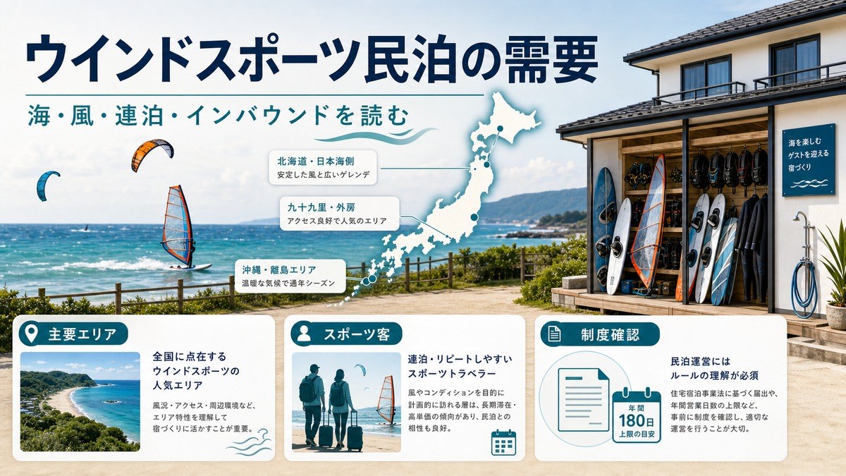ウインドスポーツ民泊の需要を主要エリア、スポーツ客、インバウンド、180日管理の観点で整理した図解