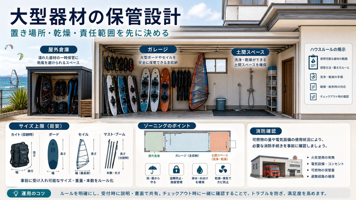 カイト、セイル、ボードなど大型器材の屋外倉庫、ガレージ、土間スペース、サイズ上限、消防確認を整理した図解
