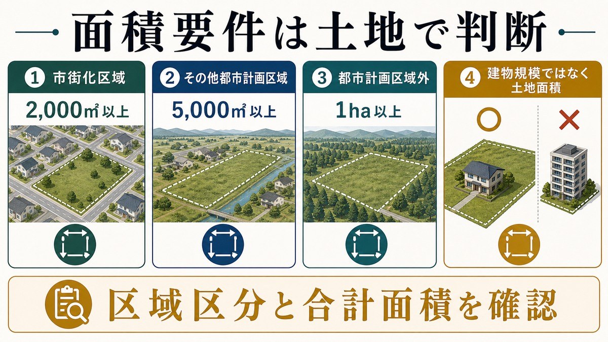 届出が必要になる面積——2,000㎡／5,000㎡／1haの要点を整理した図解