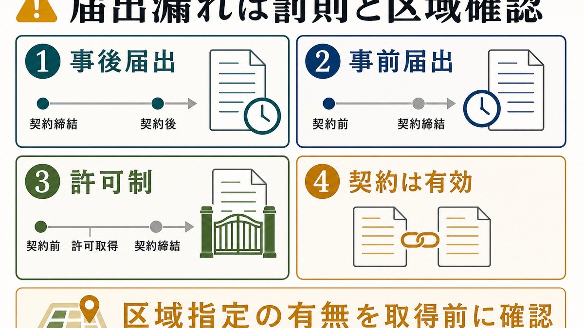 届出しないと——罰則と、取得前の確認の要点を整理した図解