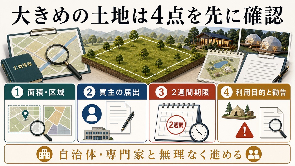 まとめ——「大きめの土地取得は、面積・買主・2週間・勧告を取得前に確認」の要点を整理した図解