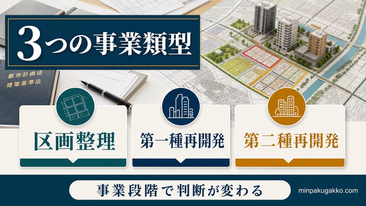 区画整理・再開発の施行地区内物件とは——3つの事業類型の要点を整理した図解