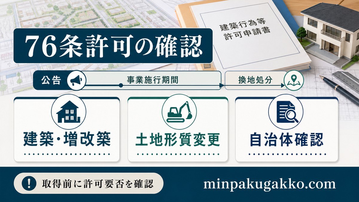 土地区画整理法76条——建築行為の許可制(公告から換地処分まで)の要点を整理した図解